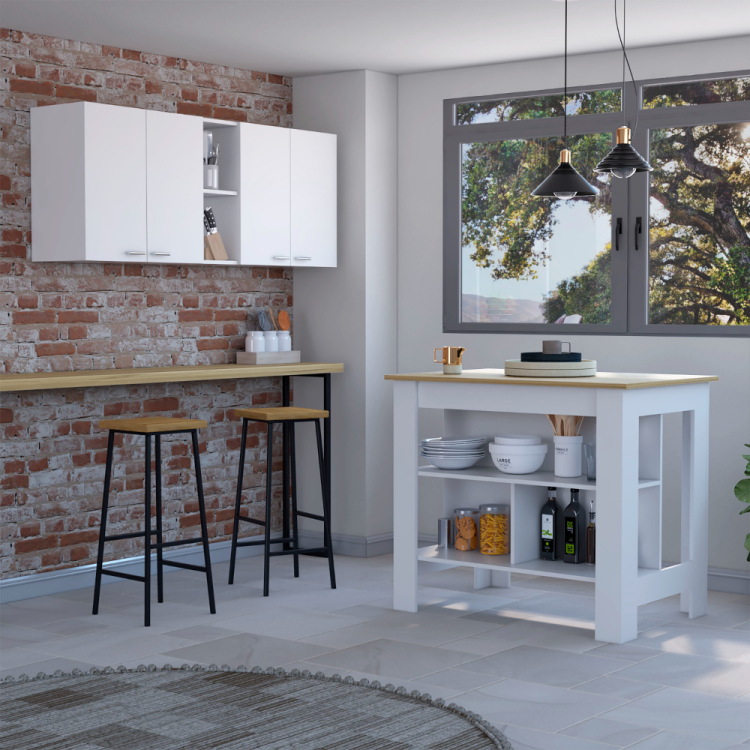 Sierra 7 Shelf 4 Door 2 Piece Kitchen Set, Upper Wall Cabinet And Kitchen Island White And Light Oak