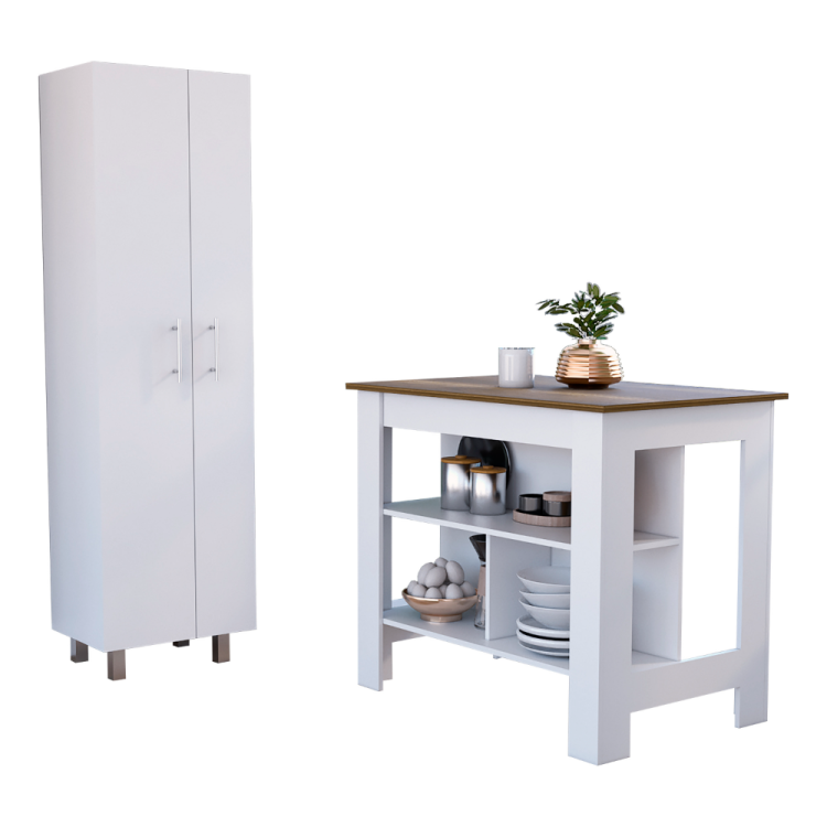 Hayne 9 Shelf 2 Door 2 Piece Kitchen Set, Kitchen Island And Pantry White And Walnut