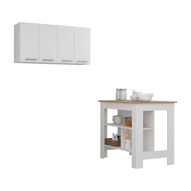 Burlingame 5 Shelf 4 Door 2 Piece Kitchen Set, Kitchen Island And Upper Wall Cabinet White And Light Oak