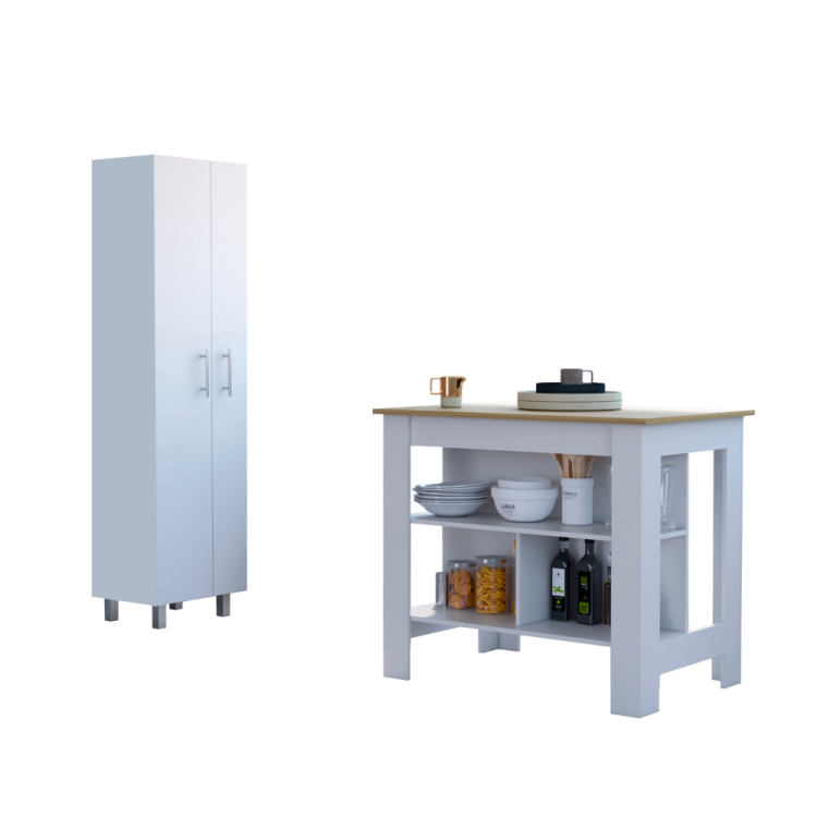 Hayne 9 Shelf 2 Door 2 Piece Kitchen Set, Kitchen Island And Pantry White And Light Oak