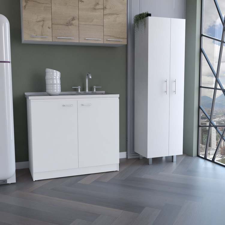 White 4 Door 2 Piece Kitchen Set, Utility Sink Cabinet And Pantry Cabinet