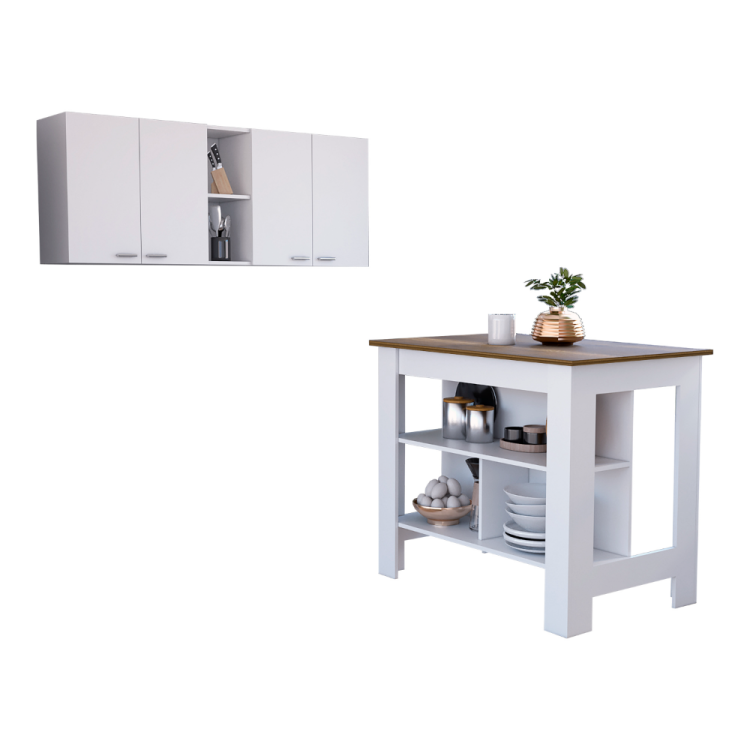 Sierra 7 Shelf 4 Door 2 Piece Kitchen Set, Upper Wall Cabinet And Kitchen Island White And Walnut