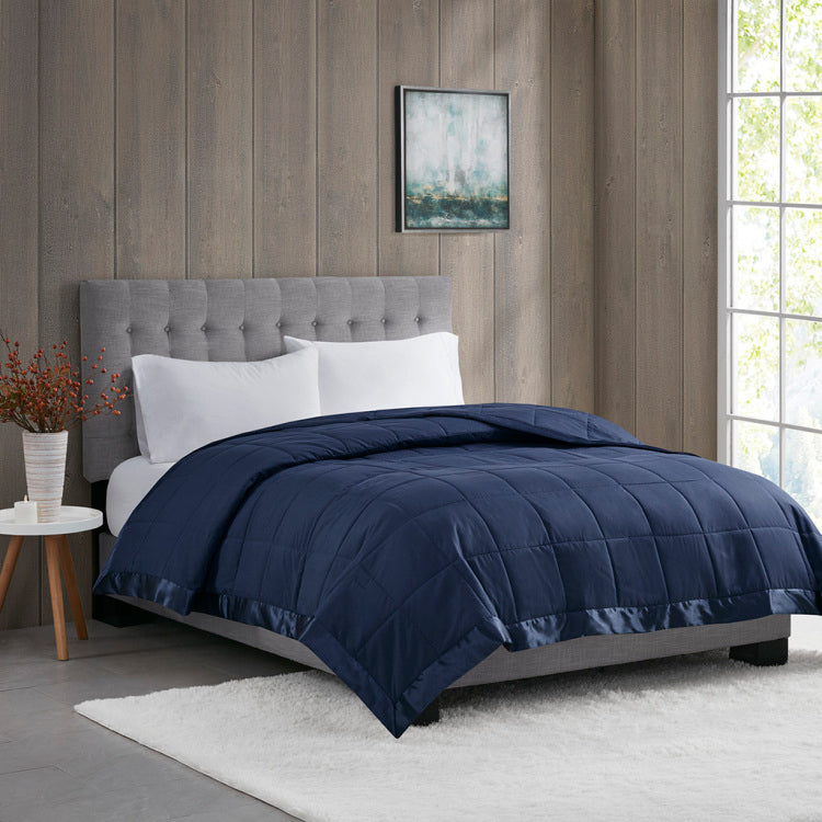 Lightweight Down Alternative Blanket With Satin Trim Navy Full Queen