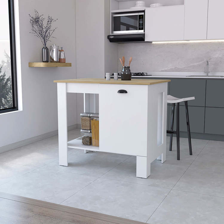 Vancouver 1 Door Kitchen Island With Open Shelf White And Macadamia