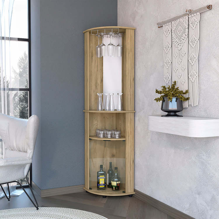 Kempwell 2 Door 2 Shelf Corner Bar Cabinet With Glass Rack Macadamia