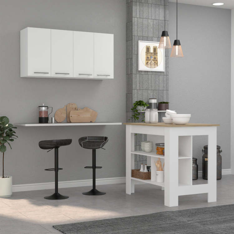 Burlingame 5 Shelf 4 Door 2 Piece Kitchen Set, Kitchen Island And Upper Wall Cabinet White And Light Oak