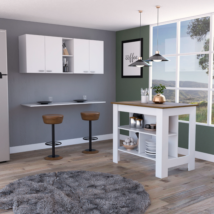 Sierra 7 Shelf 4 Door 2 Piece Kitchen Set, Upper Wall Cabinet And Kitchen Island White And Walnut