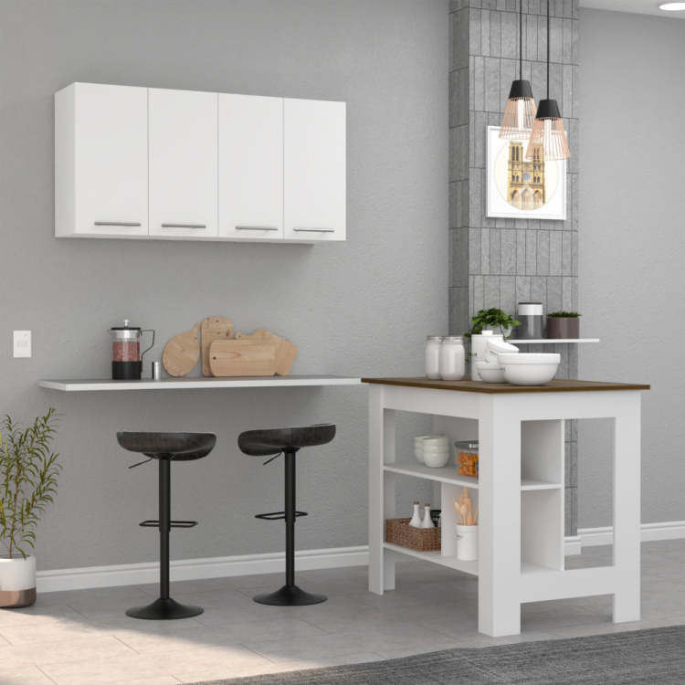 Burlingame 5 Shelf 4 Door 2 Piece Kitchen Set, Kitchen Island And Upper Wall Cabinet White And Walnut