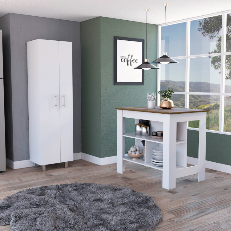 Hayne 9 Shelf 2 Door 2 Piece Kitchen Set, Kitchen Island And Pantry White And Walnut