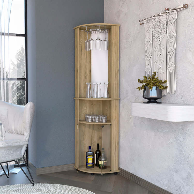 Kempwell 2 Door 2 Shelf Corner Bar Cabinet With Glass Rack Macadamia