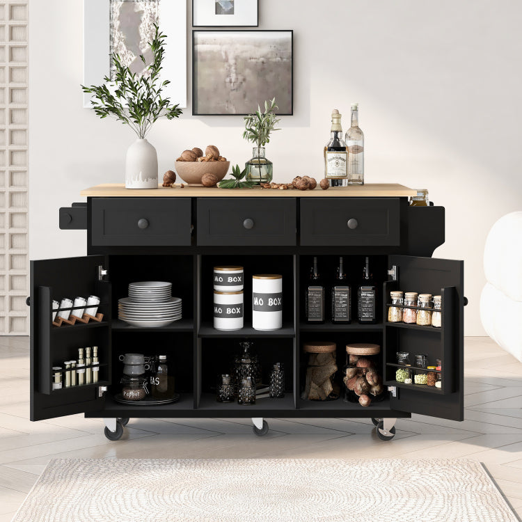 Kitchen Cart With Rubber Wood Drop Leaf Countertop ,Cabinet Door Internal Storage Racks,Kitchen Island On 5 Wheels With Storage Cabinet And 3 Drawers For Dinning Room, Black