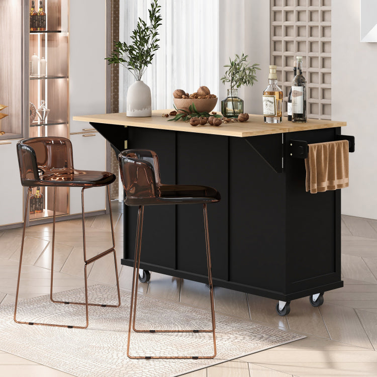 Kitchen Cart With Rubber Wood Drop Leaf Countertop ,Cabinet Door Internal Storage Racks,Kitchen Island On 5 Wheels With Storage Cabinet And 3 Drawers For Dinning Room, Black