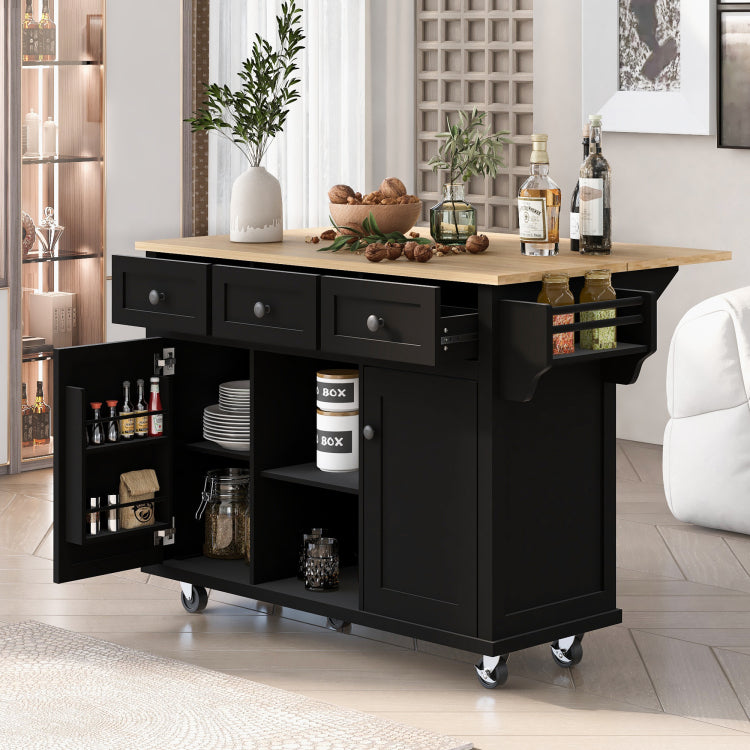 Kitchen Cart With Rubber Wood Drop Leaf Countertop ,Cabinet Door Internal Storage Racks,Kitchen Island On 5 Wheels With Storage Cabinet And 3 Drawers For Dinning Room, Black