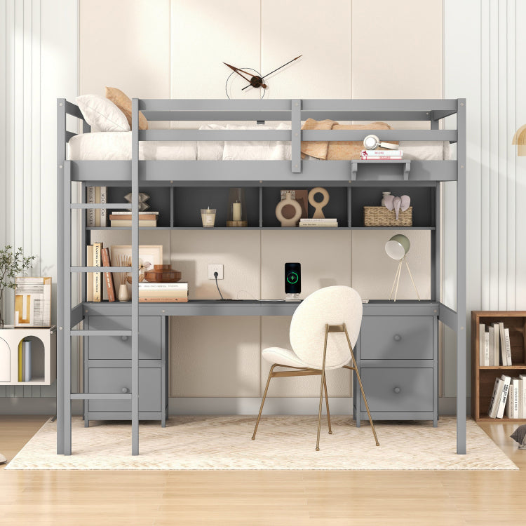 Full Size Loft Bed With Desk, Cabinets, Drawers And Bedside Tray, Charging Station, Gray