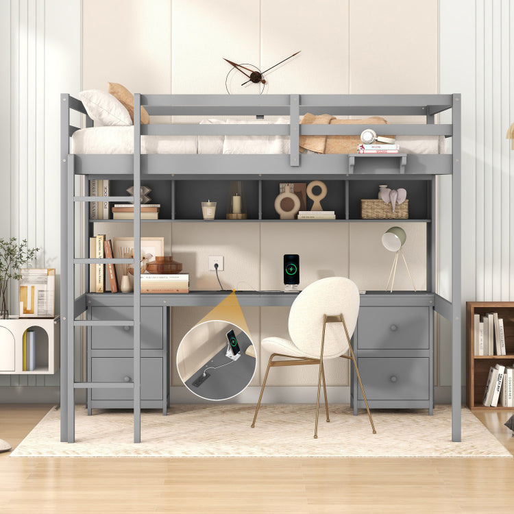 Full Size Loft Bed With Desk, Cabinets, Drawers And Bedside Tray, Charging Station, Gray