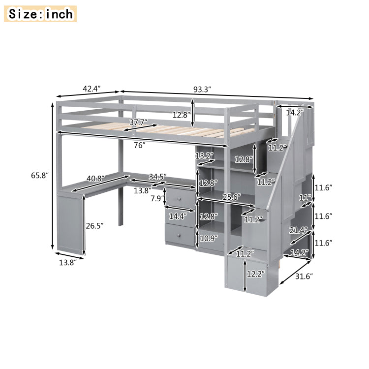 Twin Size Loft Bed With L Shaped Desk And Drawers, Cabinet And Storage Staircase, Gray