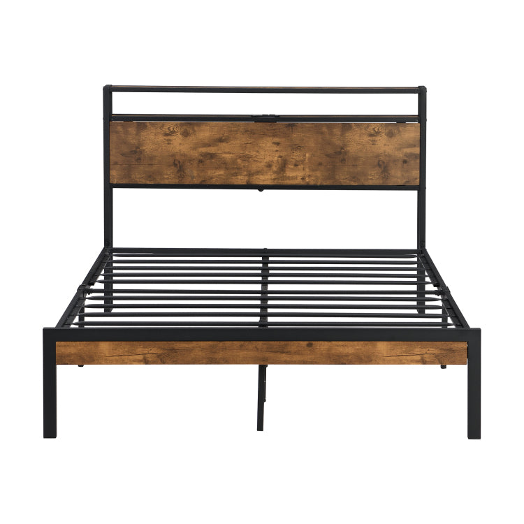 King Size Metal Platform Bed Frame With Wooden Headboard And Footboard With Usb Liner, No Box Spring Needed, Large Under Bed Storage, Easy Assemble