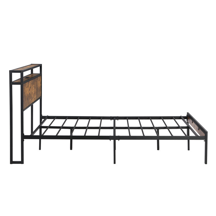 King Size Metal Platform Bed Frame With Wooden Headboard And Footboard With Usb Liner, No Box Spring Needed, Large Under Bed Storage, Easy Assemble