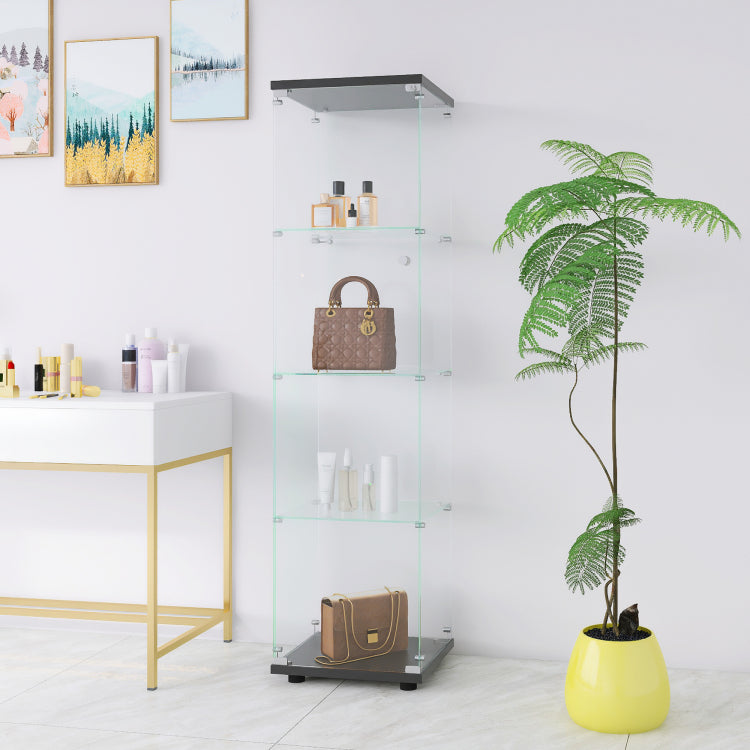 Glass Display Cabinet 4 Shelves With Door, Floor Standing Curio Bookshelf For Living Room Bedroom Office, 64.7"*16.7"*14.3", Black