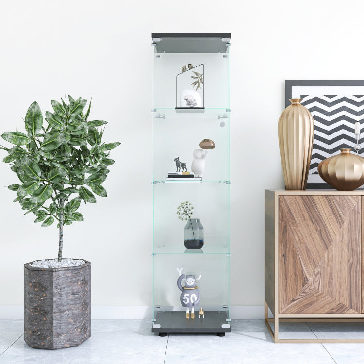 Glass Display Cabinet 4 Shelves With Door, Floor Standing Curio Bookshelf For Living Room Bedroom Office, 64.7"*16.7"*14.3", Black