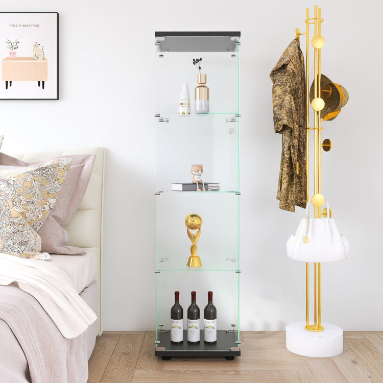 Glass Display Cabinet 4 Shelves With Door, Floor Standing Curio Bookshelf For Living Room Bedroom Office, 64.7"*16.7"*14.3", Black