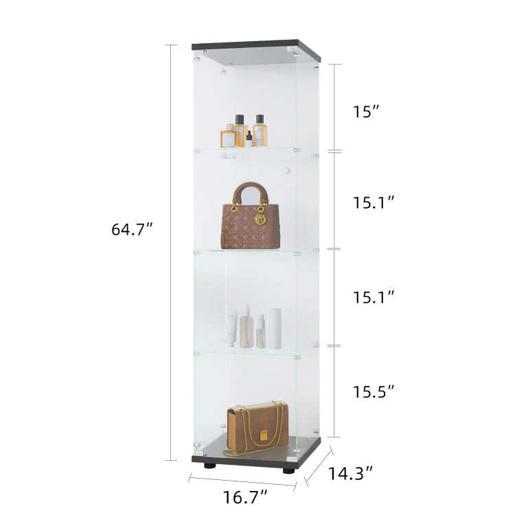 Glass Display Cabinet 4 Shelves With Door, Floor Standing Curio Bookshelf For Living Room Bedroom Office, 64.7"*16.7"*14.3", Black