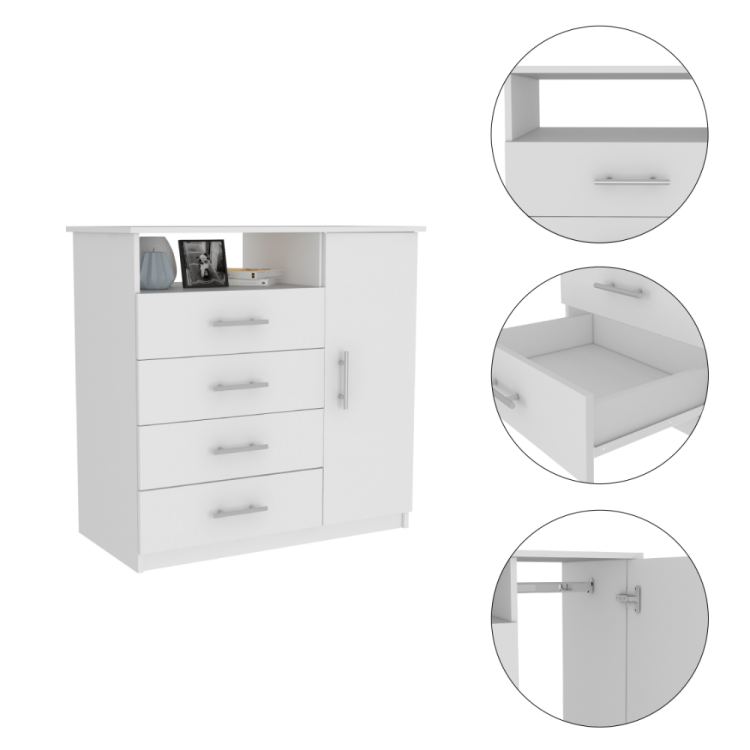 Peru 4 Drawer Dresser, Single Door Cabinet, One Open Shelf, Superior Top White