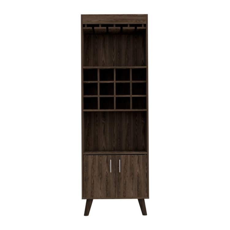 Oslo Bar Cabinet, Twelve Built In Wine Rack, Double Door Cabinet, Two Shelves Dark Walnut