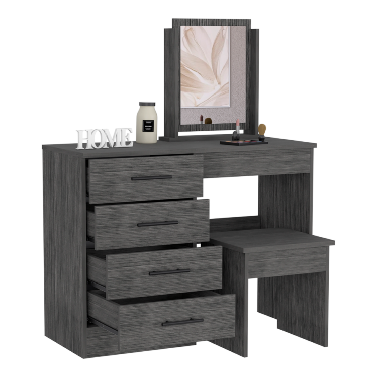 Kaia Makeup Vanity, Four Drawers, One Mirror, Stool Smokey Oak