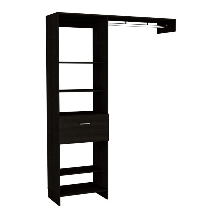 Manchester 150 Closet System, Metal Rod, Five Open Shelves, One Drawer Black
