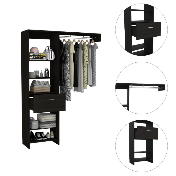 Manchester 150 Closet System, Metal Rod, Five Open Shelves, One Drawer Black
