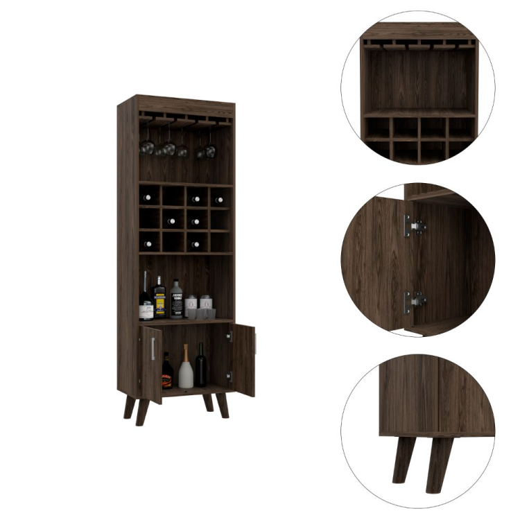 Oslo Bar Cabinet, Twelve Built In Wine Rack, Double Door Cabinet, Two Shelves Dark Walnut