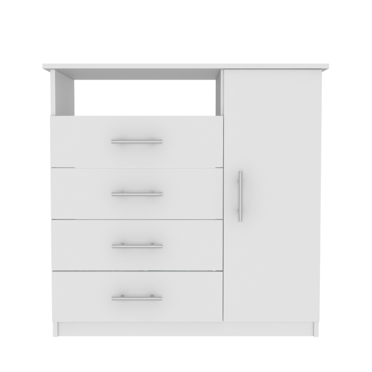 Peru 4 Drawer Dresser, Single Door Cabinet, One Open Shelf, Superior Top White