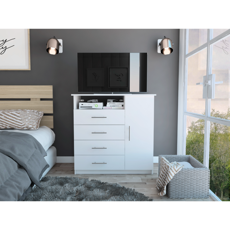 Peru 4 Drawer Dresser, Single Door Cabinet, One Open Shelf, Superior Top White