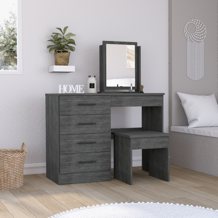 Kaia Makeup Vanity, Four Drawers, One Mirror, Stool Smokey Oak