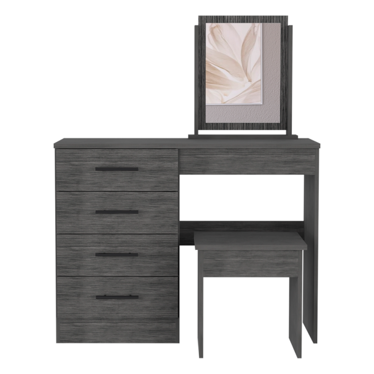 Kaia Makeup Vanity, Four Drawers, One Mirror, Stool Smokey Oak