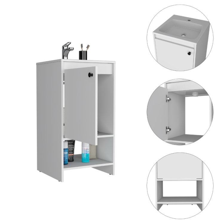 Jane Bathroom Vanity, Single Door Cabinet, Two Shelves White