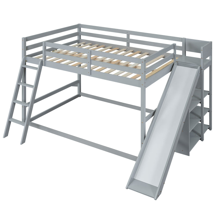 Full Over Full Bunk Bed With Ladder, Slide And Shelves, Gray