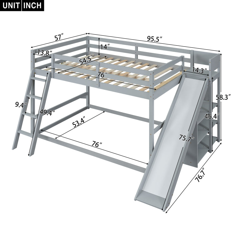 Full Over Full Bunk Bed With Ladder, Slide And Shelves, Gray