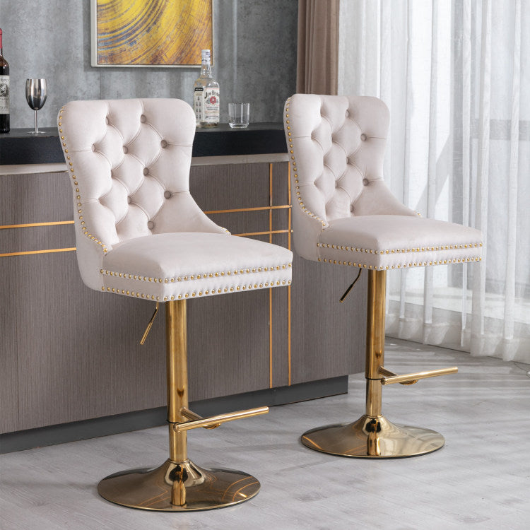 Thick Golden Swivel Velvet Barstools Adjusatble Seat Height From 27 35 Inch, Modern Upholstered Bar Stools With Backs Comfortable Tufted For Home Pub And Kitchen Island Beige,Set Of 2