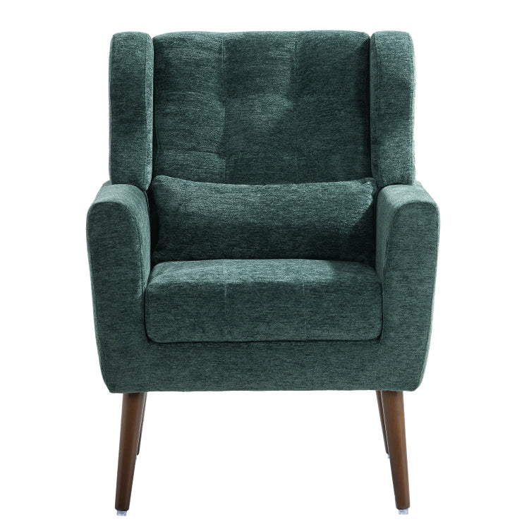Modern Accent Chair,Chenille Arm Chairs For Living Room,Upholstered Mordern Armchair,Comfy Soft Padded Lounge Chair In Small Space, Bedroom, W Pillow, Solid Wood Leg Blackish Green