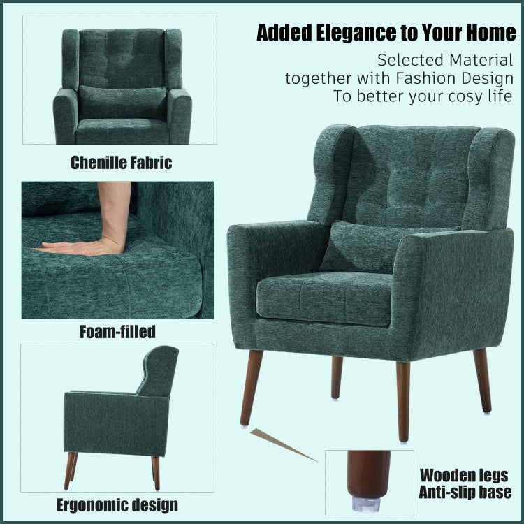 Modern Accent Chair,Chenille Arm Chairs For Living Room,Upholstered Mordern Armchair,Comfy Soft Padded Lounge Chair In Small Space, Bedroom, W Pillow, Solid Wood Leg Blackish Green
