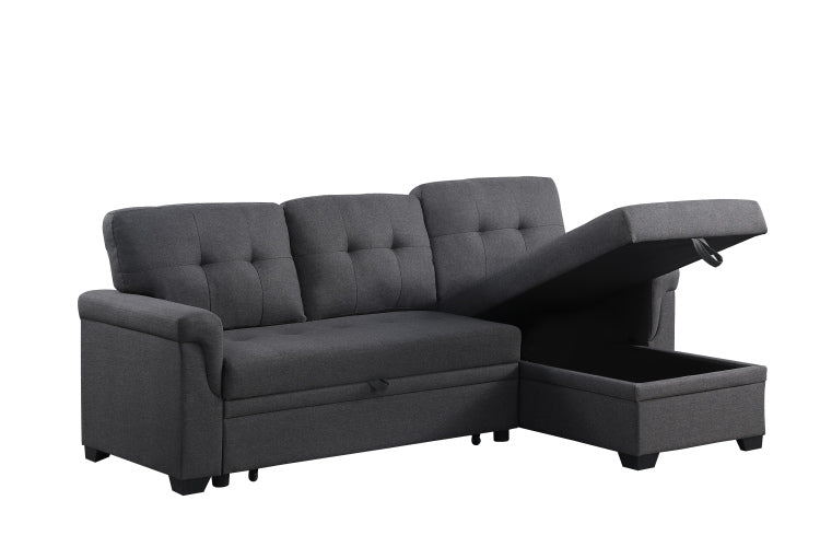 Lucca 84" Dark Gray Linen Reversible Sleeper Sectional Sofa With Storage Chaise