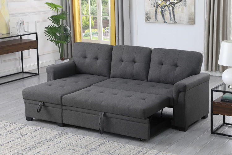 Lucca 84" Dark Gray Linen Reversible Sleeper Sectional Sofa With Storage Chaise