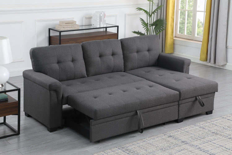 Lucca 84" Dark Gray Linen Reversible Sleeper Sectional Sofa With Storage Chaise