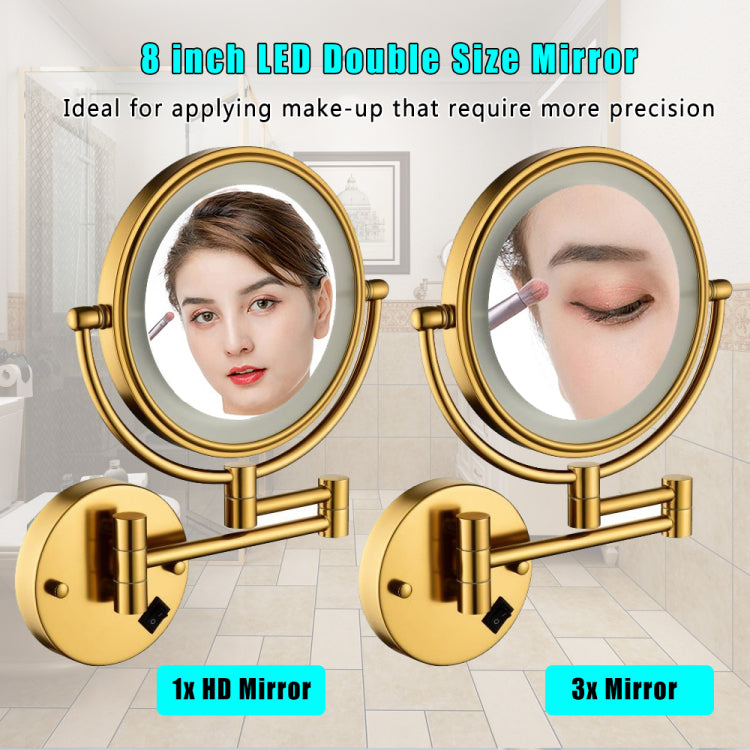 8 Inch Led Wall Mount Two Sided Magnifying Makeup Vanity Mirror, 12 Inch Extension Gold Finish, 1X 3X Magnification, 360 Degree Rotation, Waterproof Button Shaving Mirror