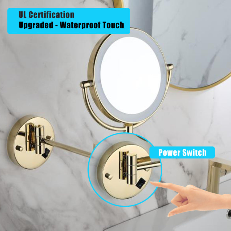 8 Inch Led Wall Mount Two Sided Magnifying Makeup Vanity Mirror, 12 Inch Extension Gold Finish, 1X 3X Magnification, 360 Degree Rotation, Waterproof Button Shaving Mirror