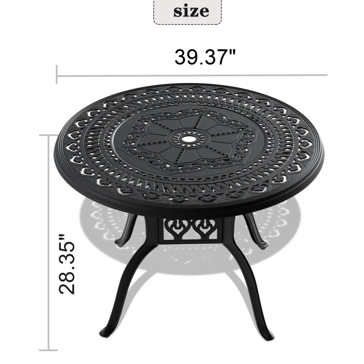 39.37 Inch Cast Aluminum Patio Dining Table With Black Frame And Umbrella Hole