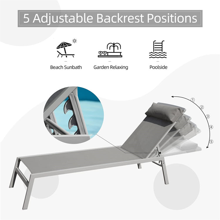 Patio Chaise Lounge Set, 3 Pieces Aluminum Adjustable Pool Lounge Chairs Textilene Sunbathing Recliner With Headrest Grey,2 Lounge Chairs 1 Table