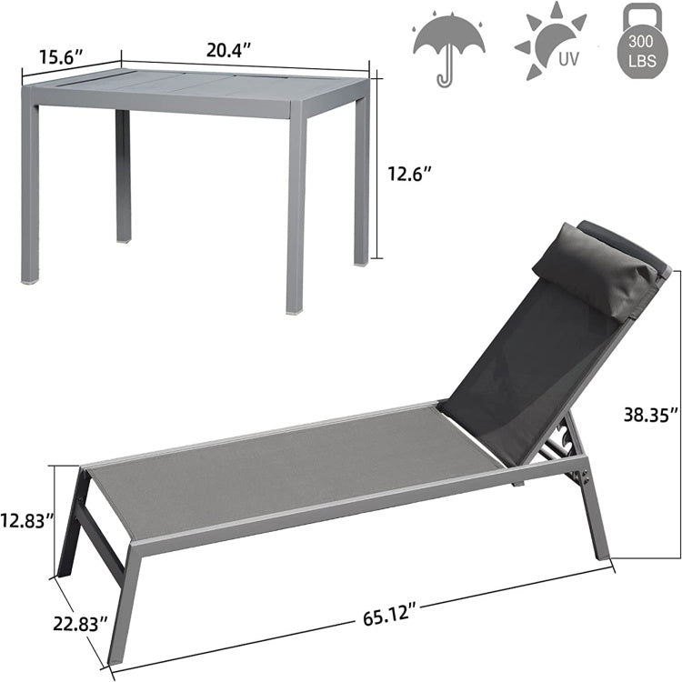 Patio Chaise Lounge Set, 3 Pieces Aluminum Adjustable Pool Lounge Chairs Textilene Sunbathing Recliner With Headrest Grey,2 Lounge Chairs 1 Table